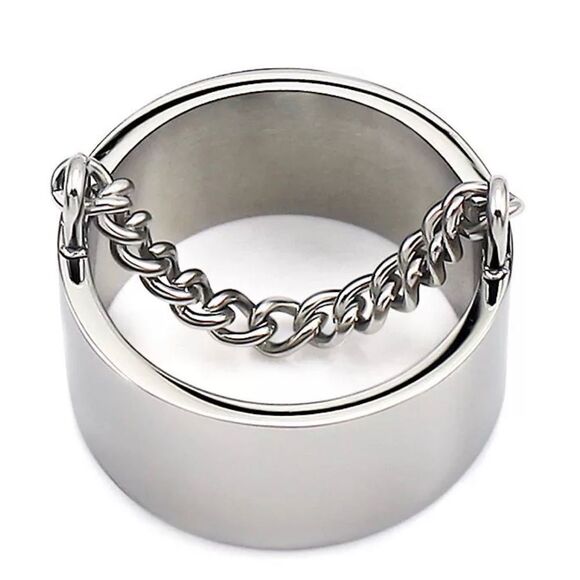 Silver Dangling Curb Chain Wide Stainless Steel Statement Band Ring NEW - Picture 3 of 5